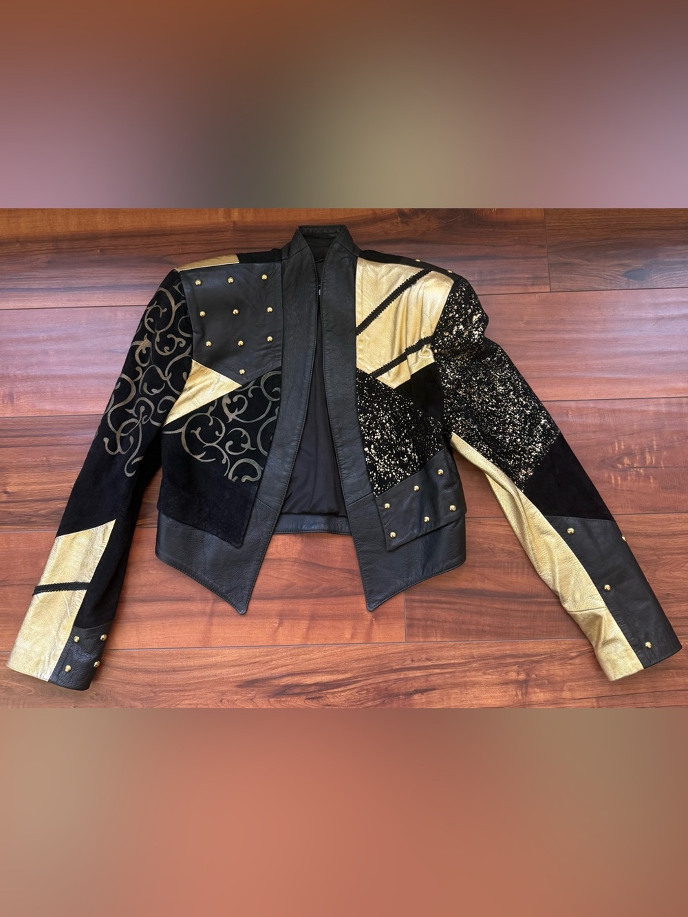 Vintage 80s Julian K Metallic Gold Patchwork Leather Studded Bolero Jacket S